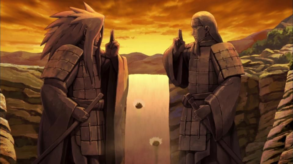 Deux statues shinobi au-dessus d’une cascade